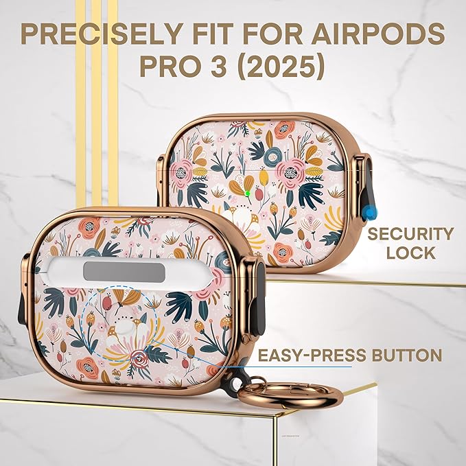 Maxjoy for AirPods Pro 3rd Generation Case with Lock, Flower AirPods Pro 3 Case Lock Protective Hard Cute AirPod Pro 3 Cover for Women Men with Keychain for Airpod Pro 3rd Gen Cover 2025, Floral