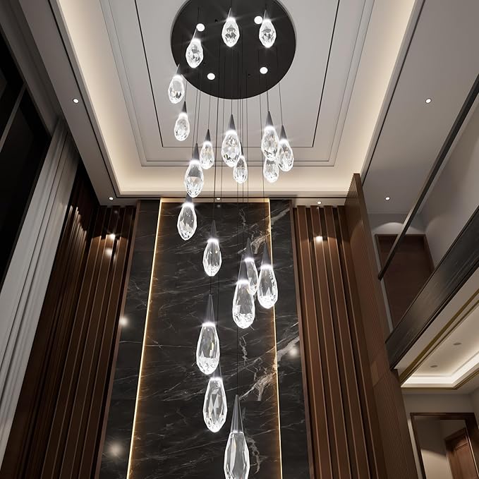 20 Lights Large Chandelie for High Ceiling Black Pendant Light Fixture with Dimmable Big Crystal Chandelier for Staircase Foyer Villa