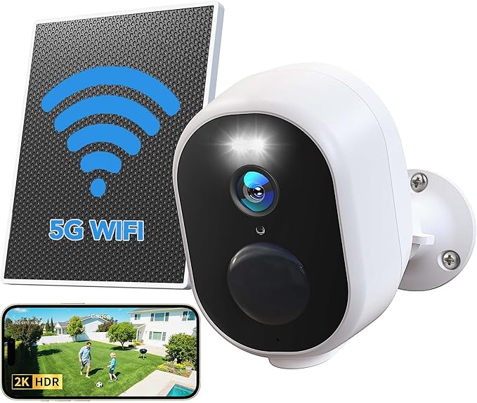 GNCC Solar Security Cameras Wireless Outdoor, 5G & 2.4GHz WiFi, 2K Outdoor Battery Camera, Color Night Vision, AI Detection, Spotlight Alarm, SD/Cloud Storage, Easy Install, Manually Adjust View