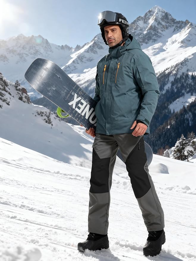FREE SOLDIER Men's Fleece Lined Outdoor Cargo Hiking Pants Water Repellent Softshell Snow Ski Pants with Zipper Pockets