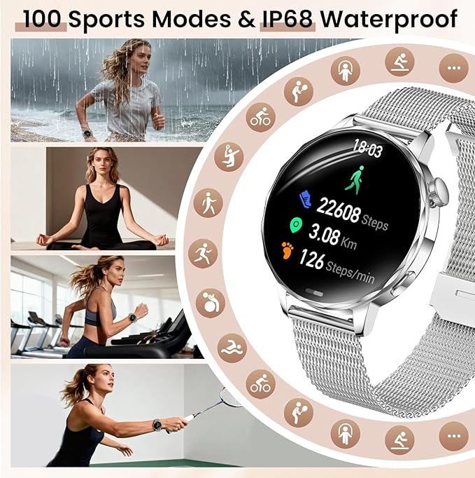Smart Watches for Women, 1.27'' Smartwatch (Answer/Make Calls) Compatible with iPhone/Android Phones, IP68 Waterproof Fitness Tracker Watch with Sleep Monitor,100+ Sports Modes (Silver)