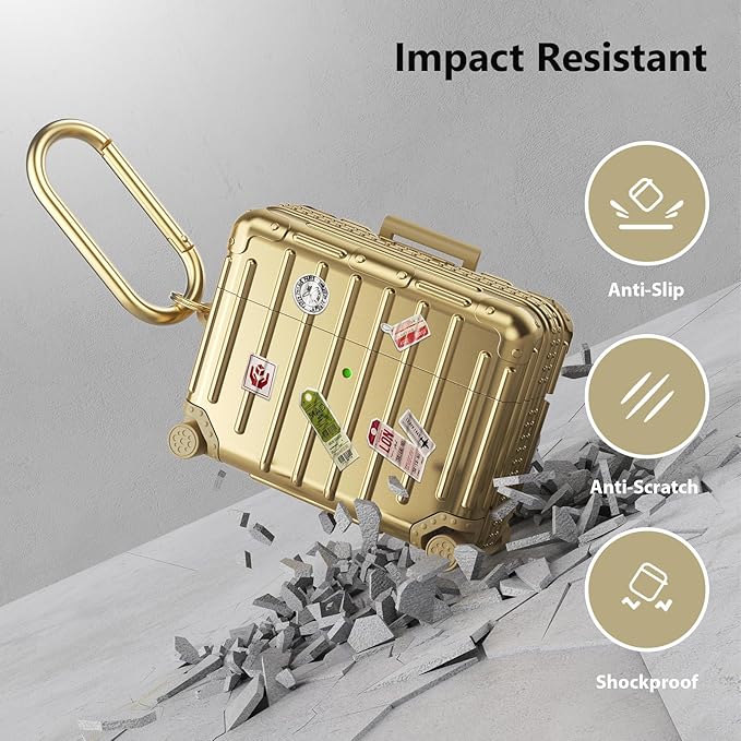 Filoto Compatible with Airpods Pro 3 Case 2025, Cute Fashion Suitcase Design for Airpods Pro 3rd Generation Case Cover, Shockproof Protective Hard Case with Keychain/Cleaner Kit Gold