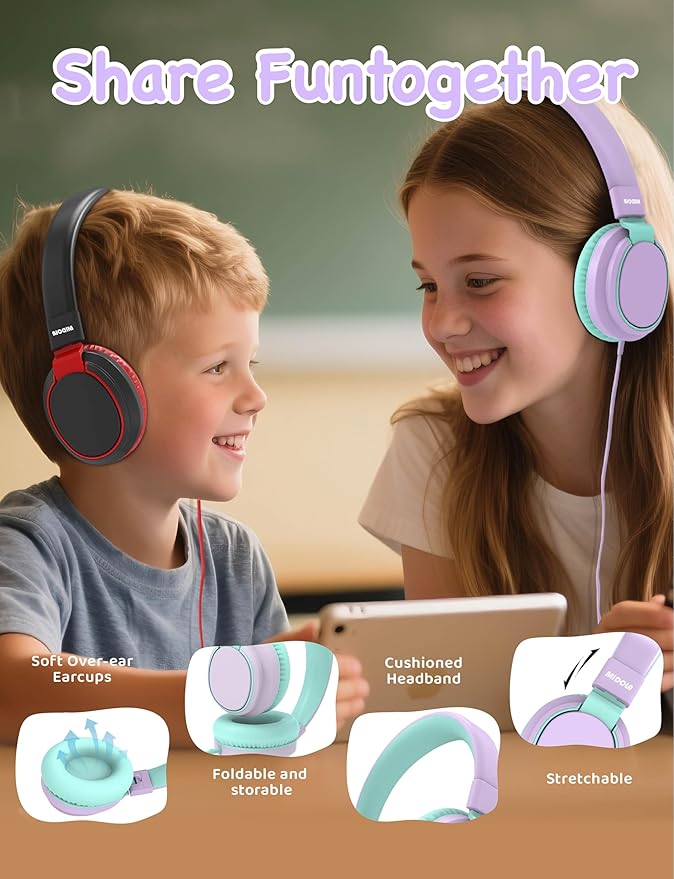 MIDOLA Headphone Kids Volume Limited 85/110dB Wired Over-Ear/On-Ear Foldable Headset with Inline Cable AUX 3.5mm Cord Mic for Boy Girl Child PC Notebook Tablet Light Purple