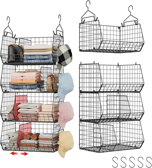 4 Tier Hanging Closet Organizer with Dividers,Extra Large Storage Hanging Shelf with 5 S Hooks 4 Dividers,Hang on Wire Closet Shelving Clothes Organizer-Black