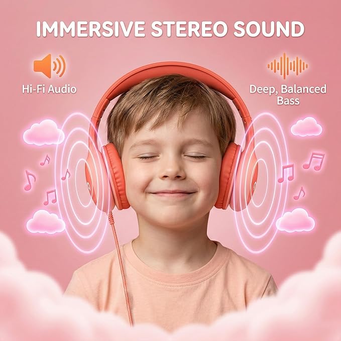 Wired Kids Headphones with USB C Plug, 85dB Safe Volume, Adjustable Headband, Tangle-Free Cord Headphones for School, Tablet, Travel (Coral Red & Soft Peach, Without Microphone)