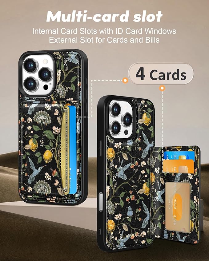for iPhone 16 Pro Case with Wallet - Fits 4 Card Slots, Compatible with MagSafe for Women Aesthetic Durable PU Leather Credit Card Holder Kickstand Phone Cover for Apple 16 Pro, Lemon Bird