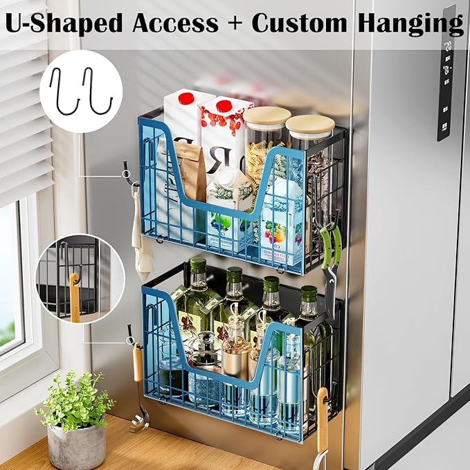 Magnetic Shelf Basket for Refrigerator,Fridge Magnet Shelf Organizer,Side of Fridge Storage Bin,No Assembly Space Saving for Fruits,Veggies,Snacks-2 Pack