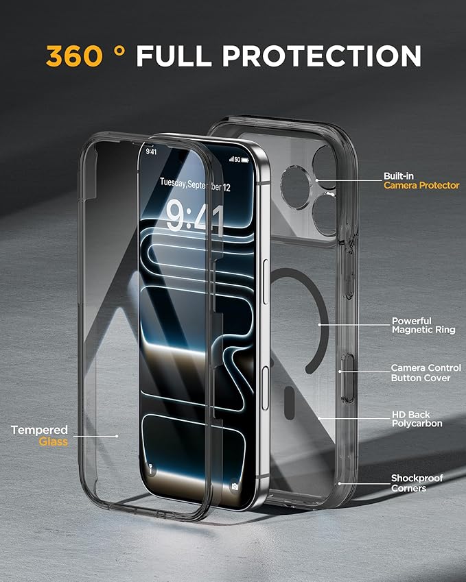 Miracase for iPhone 17 Pro Max Case 6.9" Full-Body Phone Case with Built-in Glass Screen Protector& Full Camera Protector,[Magnetic with MagSafe] Drop Proof 17 ProMax Cover, Clear Black