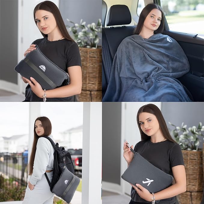 BlueHills Travel Blanket Pillow in Mini Soft Case Premium Plush Airplane Blanket Soft Bag Compact Pack with Luggage Belt and Backpack Clip Small Lightweight Traveling Plane Essentials - Grey Gray M01