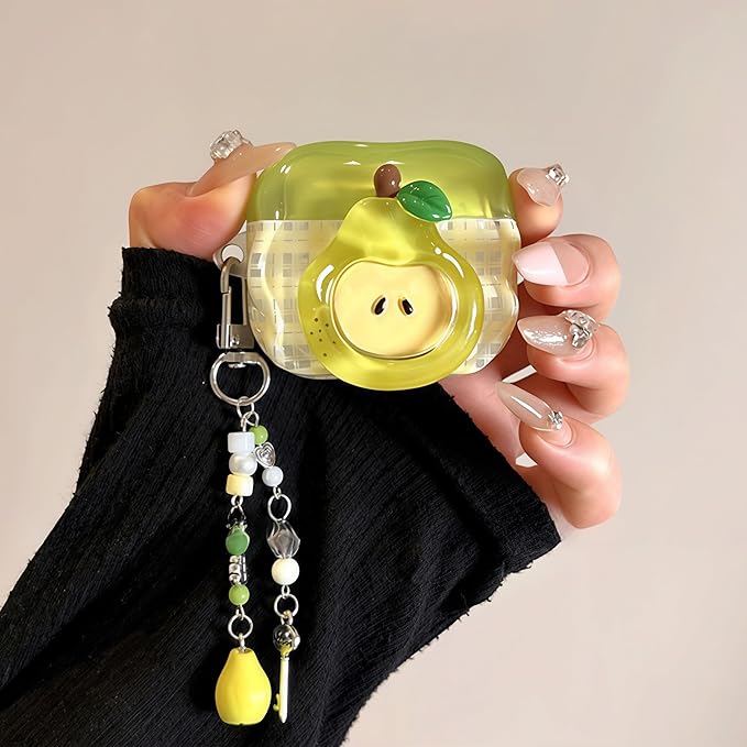 SGVAHY for AirPods 1&2 Case with Keychain Cute 3D Green Pear Pattern Design Soft Silicone Cover for Women Girls Anti-Fall Shockproof Protective Case for AirPods 2nd 1st Generation