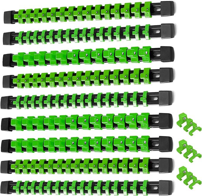 ALOANES 9PC ABS Socket Organizer, Socket Rails Fit 1/2 inch, 3/8 inch and 1/4 inch Drive, Heavy Duty Socket Holders Hold up to 129 Sockets, Black Rails with Green Clips