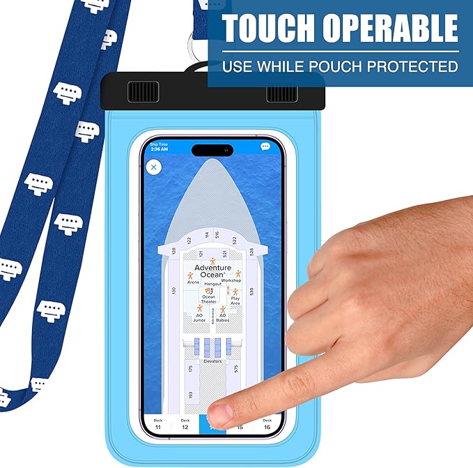 Cruise On Lanyards Waterproof Phone Pouch Dry Case w/Touch Screen for iPhone 15 14 13 12 11 Pro Max XS, Samsung S22+, Pixel 7, Fits Up to 6.5??Screen, Large Floating Holder (2-Pack) Blue