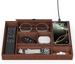 Leather Valet Tray with Wireless Charging Pad - Luxury EDC Nightstand Organizer for Men - Premium Desk Tray for Phone, Watch, Glasses & Keys - Sleek Office Desk Accessories & Gift for Him, Brown - Image 1