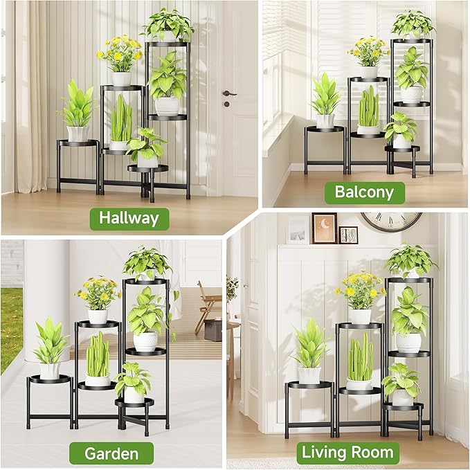 Plant Stand Indoor Outdoor with Metal Tray 6 Tiered Corner Plant Holders for Folding Plants Flower Pot Holder Display Stand for Living Room Balcony Garden-Black