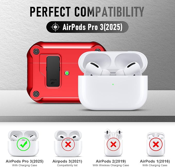 Maxjoy for Airpods Pro 3 Generation Case(2025), Secure Lock Clip Full Body Shockproof Hard Shell Protective Apple for Airpods Pro 3 Case Cover with Keychain Cleaner Kit for Men Women,Red