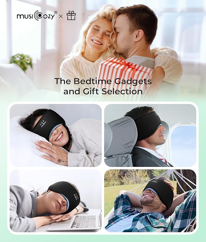 MUSICOZY Sleep Headphones Eye Mask Bluetooth 5.4, Bamboo Cotton Full Coverage Headphones Headband for Side Sleepers, Wireless Earphones with Speaker Sleep Music Earbuds for Men Women (Classic Black)
