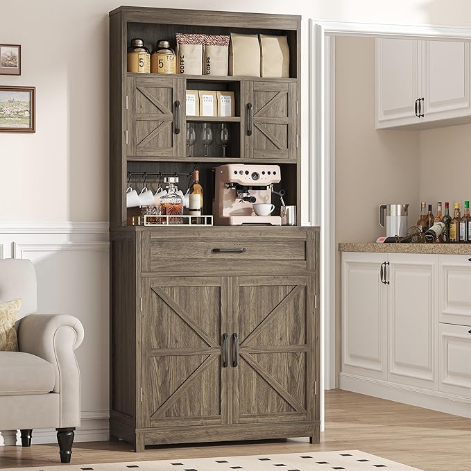 Semoic 69.3" Tall Kitchen Pantry Cabinet, Farmhouse Large Storage Cabinet with 2 Barn Doors, 1 Drawer and Storage Shelves, Buffet Cupboard Kitchen Hutch with Wide Countertop and Charge Holes, Brown
