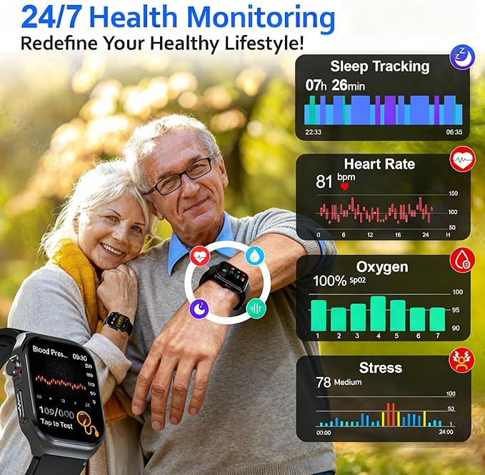 Health Smart Watches for Men Women - 1.87'' Large Display Fitness Trackers Watch with Heart Rate, Blood Pressure, Blood Oxygen, Sleep & Stress Track, 110+ Sports Modes, IP68 Waterproof Watch,Black
