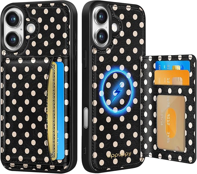 for iPhone 17 Case with Wallet - Fits 4 Card Slots, Compatible with MagSafe for Women Aesthetic Durable PU Leather Credit Card Holder Kickstand Phone Cover for Apple 17, Polka Dots