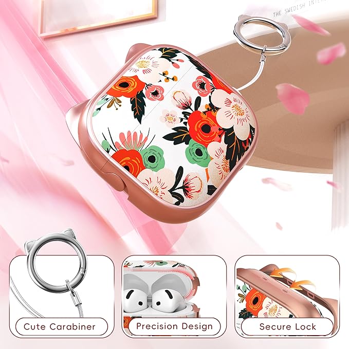 for AirPods 4 Case with Cleaning Kit, Cute Cat Ear Print Design & Cute Buckle, Inverted Phone Holder Design, Top Safe Lock Buckle Design, for Girls AirPods 4 case 2024, Rose Gold Flower