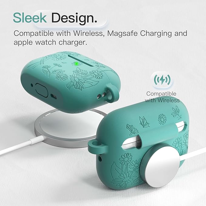 for AirPods Pro 3 Case (2025) DamonLight Daisy Floral Engraved Shockproof Protective Soft Silicone Case Cover with Cleaning Pen and Keychain for Apple Airpods Pro 3rd Generation (Forest Green)