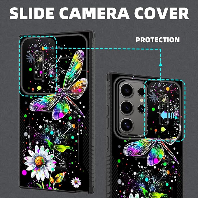 for Galaxy S25 Ultra Case Built in Slide Camera Lens Cover,Heavy Duty Shockproof Protection Dual Layer Case for Samsung Galaxy S25 Ultra 6.9" 2025,Dragonfly and Daisy Flower