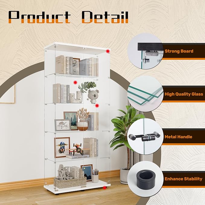 LFT HUIMEI2Y Glass Display Cabinet 5-Shelf with 2 Doors and Lock, Curio Cabinets Upgraded Quick-Install Style Tempered Glass Floor Standing Bookshelf for Living Room, Bedroom, Kitchen White