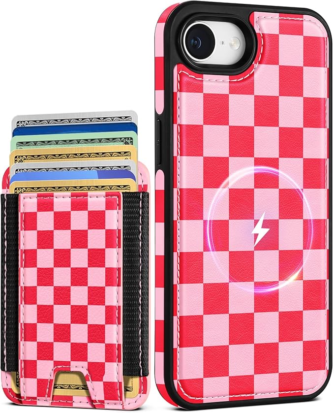 Shorogyt for iPhone 17e/16e Wallet Case - Fits 5 Cards, Compatible with Magsafe Detachable Magnetic Credit Card Holder Leather Cardholder Cute Phone Cover Women Girls for Apple 17e/16e, Checkered