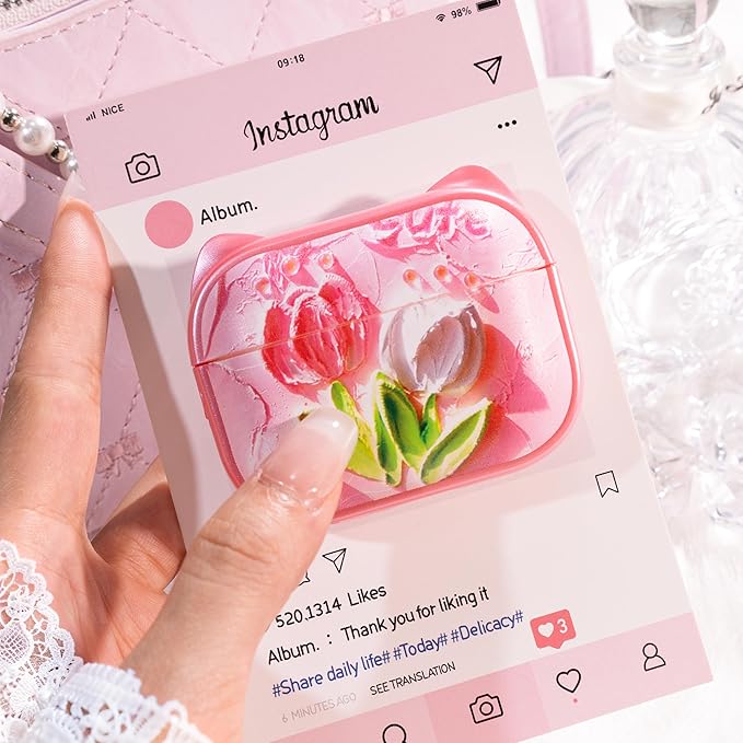 for AirPods Pro 2 Case with Cleaning Kit, Cute Cat Ear Print Design & Cute Buckle for Girls, Phone Holder & Top Safe Lock Buckle Design for AirPods Pro 2nd/1st Gen case, Tulip