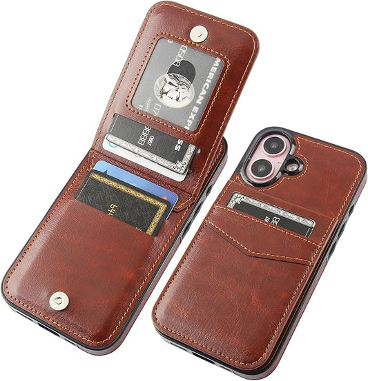 KIHUWEY Compatible with iPhone 16 Case Wallet with Credit Card Holder, Flip Premium Leather Magnetic Clasp Kickstand Heavy Duty Protective Cover for iPhone 16 6.1 Inch (Brown)