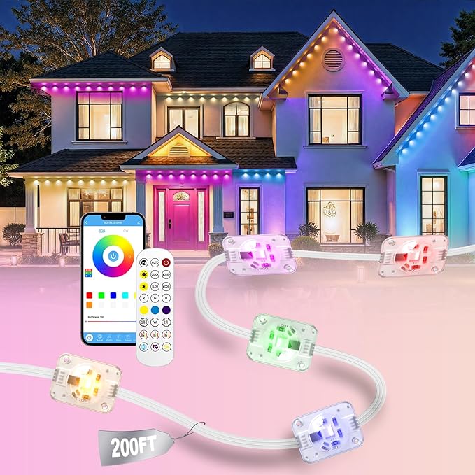 Permanent Outdoor Lights, 200ft RGB+IC Smart LED Eaves Lights, IP67 Waterproof Permanent Outdoor Lighting with App/Remote Control for Christmas, Halloween, Holiday, Daily, Party Outdoor Decor