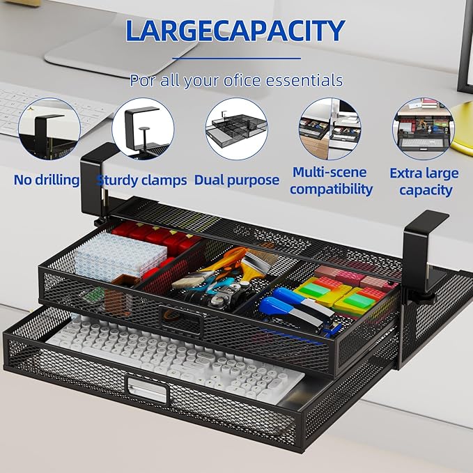 Under Desk Drawer Organizer 2-Pack - No Drilling Clamp-On Storage System