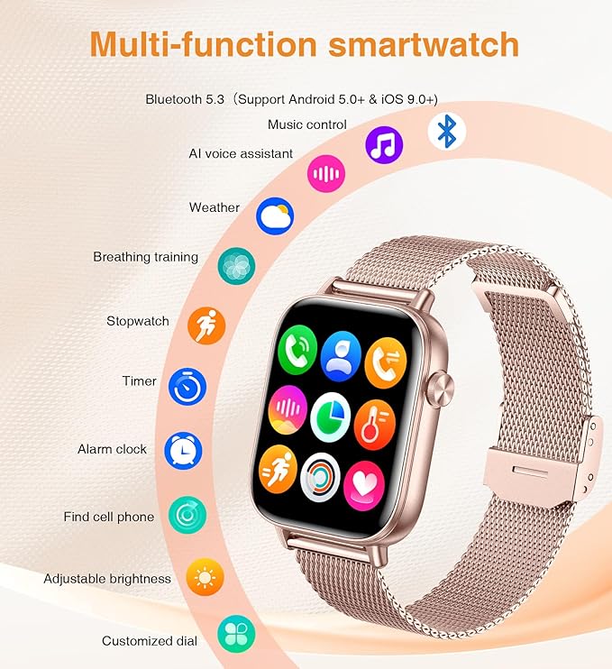 Smart Watch for Women (Answer/Make Calls),1.83" Touch Screen Fitness Tracker with 4 Bands, Heart Rate/Sleep/Step Tracking, 100+ Sports Modes Smartwatches for Android iOS (Rose Gold)