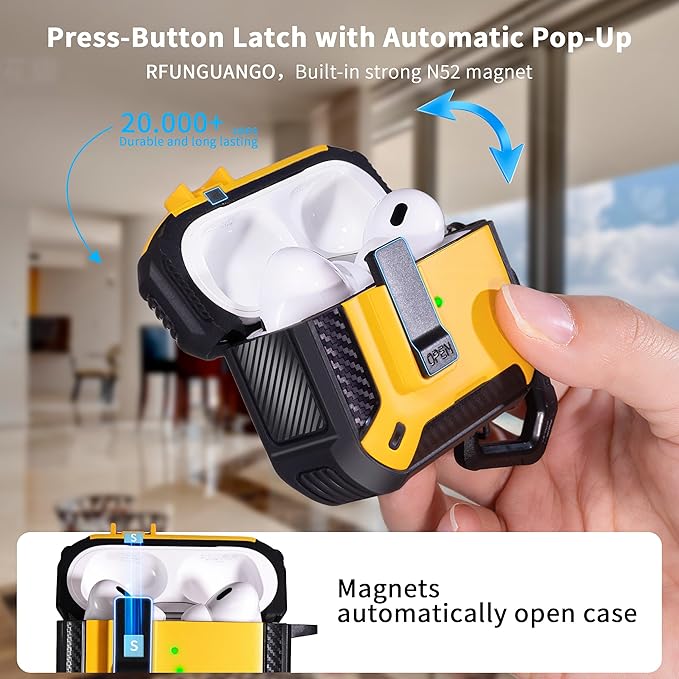 RFUNGUANGO Compatible with Airpods Pro Case 2nd / 1st Generation Protective Case, Compatible with MagSafe, with Cleaning Kit & Keychain,Phone Stand,Magnetic Automatic Lock, Visible LED, Yellow