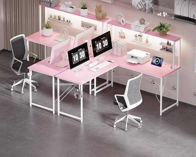 Pamray 60 Inch L Shaped Gaming Desk with LED Lights and Power Outlets Reversible Corner Computer Desk with Pegboard Storage Shelves Home Office Table for Work Study Pink