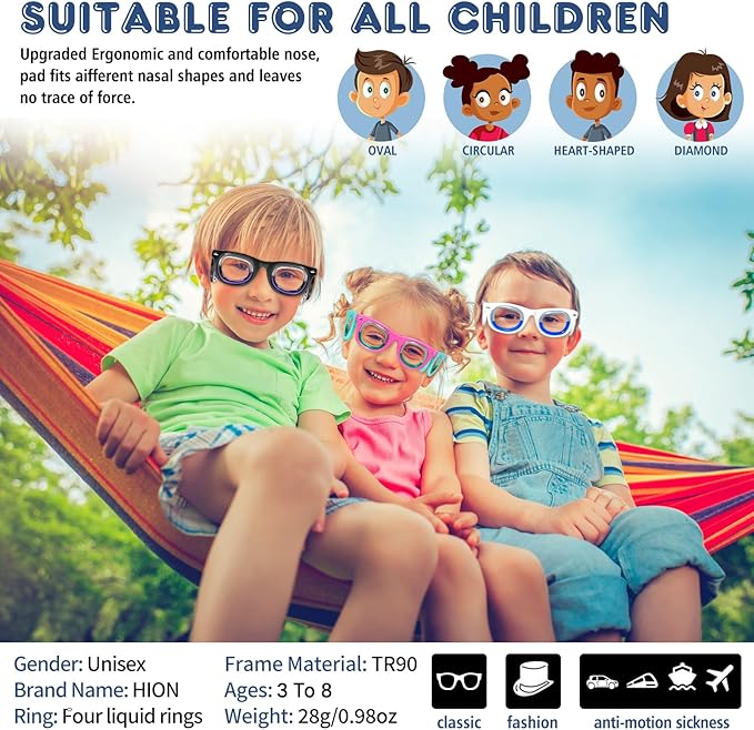Hion Kids Anti-Motion Sickness Smart Glasses (for 3-8 Year Olds) – Ultra-Light Portable Nausea Relief Liquid Glasses for Carsickness, Airsickness, Seasickness – Kids Travel/Cruise Essentials (White)