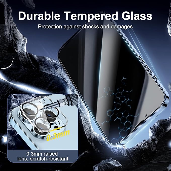 NEW'C 3x Privacy for iPhone 13 Pro Screen Protector (6.1 inches)+ 3x Camera Lens Protector, Sensor Protection,Case Friendly Tempered Glass Film + Dust Plug - Enhanced Privacy Angle of 28 Degrees