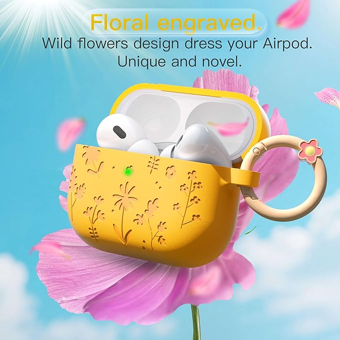 for AirPods Pro 3 Case (2025) DamonLight Floral Engraved Shockproof Protective Soft Silicone Case Cover with Cleaning Pen and Floral Keychain for Apple Airpods Pro 3rd Generation (Orange)