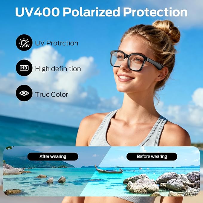 Oraolo Smart Glasses, Polarized Sunglasses with Bluetooth Speaker, Wireless Music & Calls, Athletic/Outdoor UV Protection and Voice Control, Unisex(Clear)