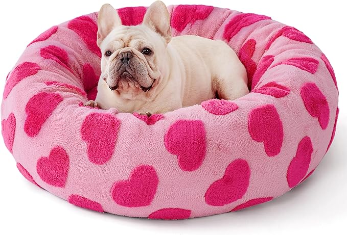 LE SURE Donut Medium Dog Bed - Round Cat Beds for Indoor Cats Anti-Anxiety Calming Pet Beds, Washable Cute Modern Beds with Teddy Sherpa Plush & Anti Slip Bottom, 30 Inch, Heart Pink