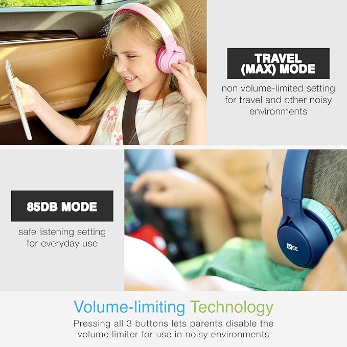 MEE Audio KidJamz KJ45BT Children's Safe Listening Bluetooth Wireless Headphones with Volume Limiter & Microphone, Adjustable On-Ear Kids Headset for Online Learning/School/Travel/Tablet (Blue/Teal)