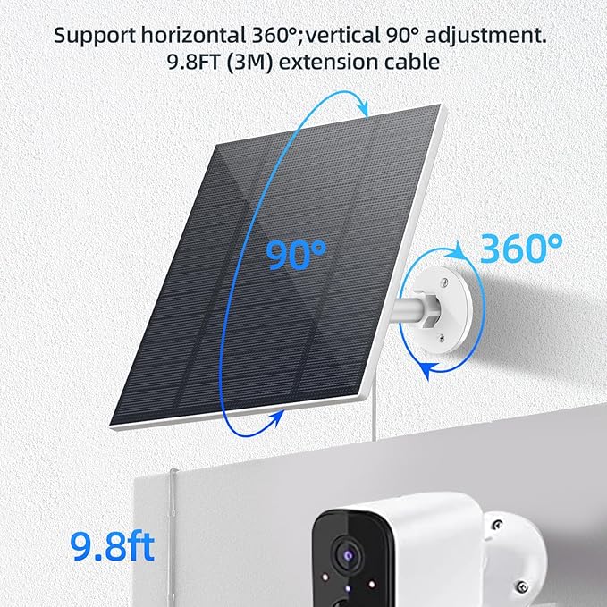 5W Solar Panel for Security Camera, Solar Panel with Micro USB & USB-C Port for DC 5V Outdoor Rechargeable Battery Camera, IP65 Waterproof, 360° Adjustable Security Mount, 9.8ft Cable(White 3PC)