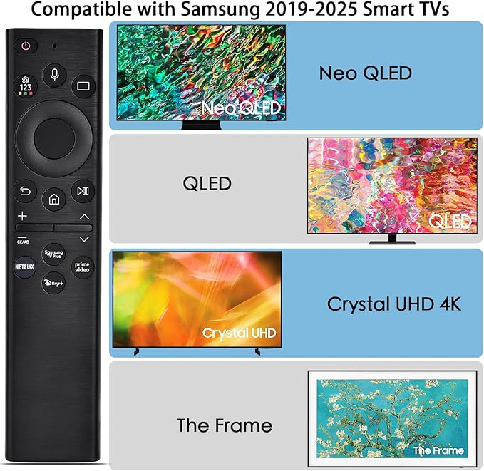 Replacement Voice Remote for Samsung Smart TV:Compatible with BN59-01385A(Solar Version),for All 2019 to 2025 Smasung Curved Crystal UHD QLED The Frame NEO QLED 4K 8K Smart TV
