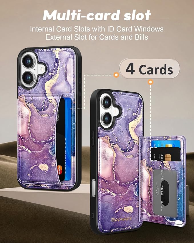 for iPhone 16 Plus Case with Wallet - Fits 4 Card Slots,Compatible with MagSafe for Women Aesthetic Durable PU Leather Credit Card Holder Kickstand Phone Cover for Apple 16 Plus, Purple Marble
