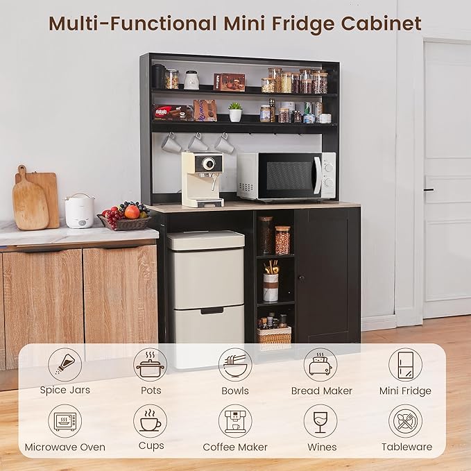 Mini Fridge Cabinet with Storage, Coffee Bar Cabinet with Mini Fridge Space and Power Outlet, Liquor Wine Bar Cabinet with Microwave Shelf, Beverage Station for Kitchen, Dorm, Living Room