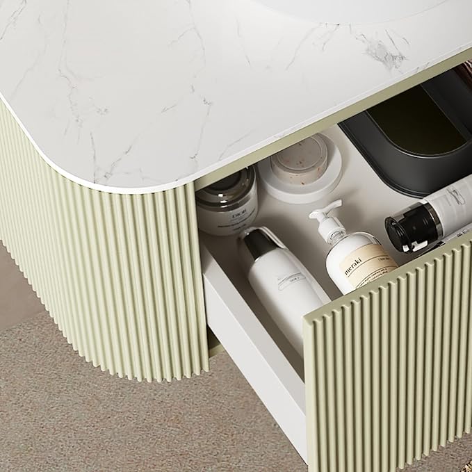KEIKI 36" Bathroom Vanity Cabinet with Sink Combo, Wall Mounted Curved Edges Striped Floating Bathroom Vanity with Soft-Close Drawer, White Round Ceramic Basin Without Faucet, Light Green