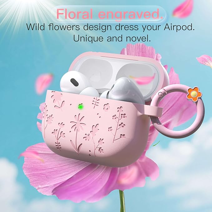 for AirPods Pro 3 Case (2025) DamonLight Floral Engraved Shockproof Protective Soft Silicone Case Cover with Cleaning Pen and Floral Keychain for Apple Airpods Pro 3rd Generation (Pink)