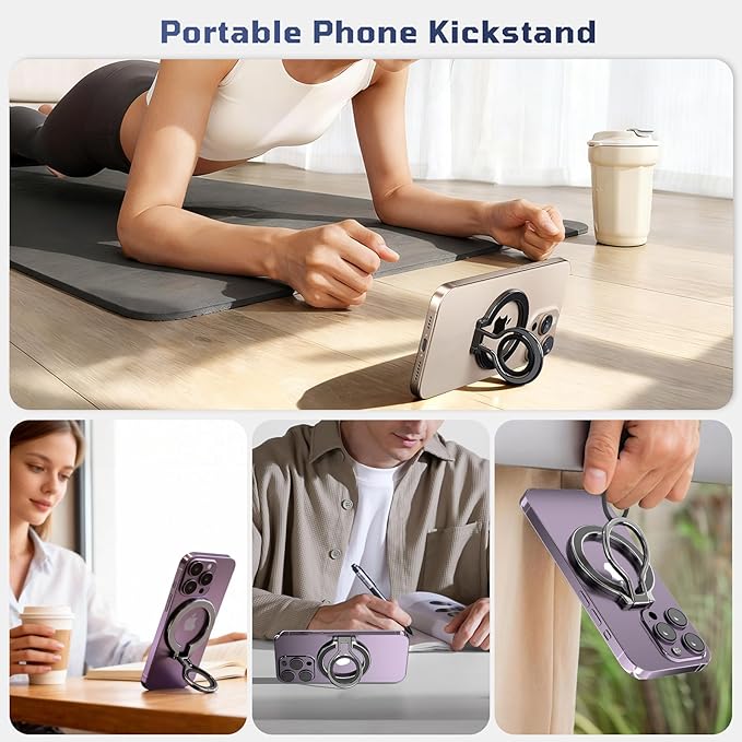 Slim Magnetic Phone Ring Holder for Magsafe, Lightweight Phone Finger Snap Grip Kickstand Accessories Compatible with iPhone Pixel, Portable Mini Phone Stand Works with Magnetic Car Mount