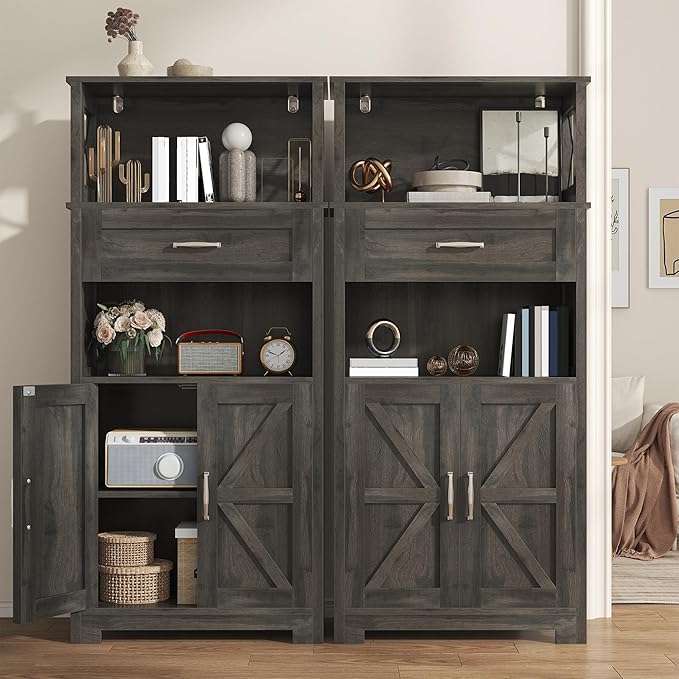 Semoic 55" Farmhouse Kitchen Pantry Cabinet, 5-Tier Pantry Storage Cabinet with 2 Barn Doors and Drawer, Tall Sideboard Buffet Cupboards Storage Shelf for Home Office Use (Brown 12" D x 24" W x 55" H)