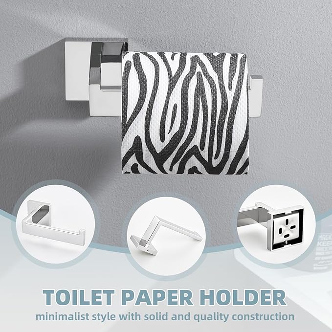 Bathroom Hardware Set 4-Piece, Angle Simple SUS304 Stainless Steel Bath Accessory Kit, Bathroom Fixture Set with Robe Hook, Toilet Paper Holder, Towel Holder and Towel Bar Polished Chrome